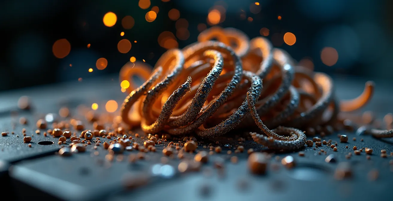 Vue macro de copeaux métalliques brillants avec texture et relief