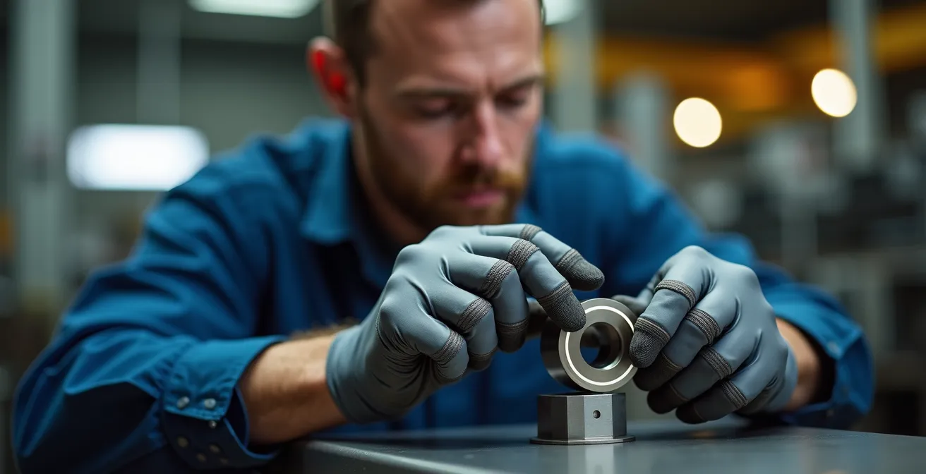 Ingénieur analysant une pièce mécanique avec concentration