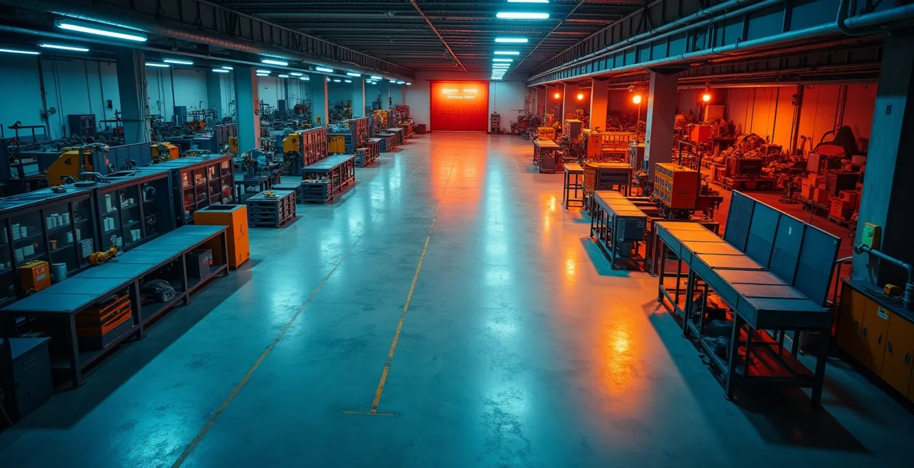 Vue en plan d'un atelier industriel avec visualisation thermique des zones d'exposition