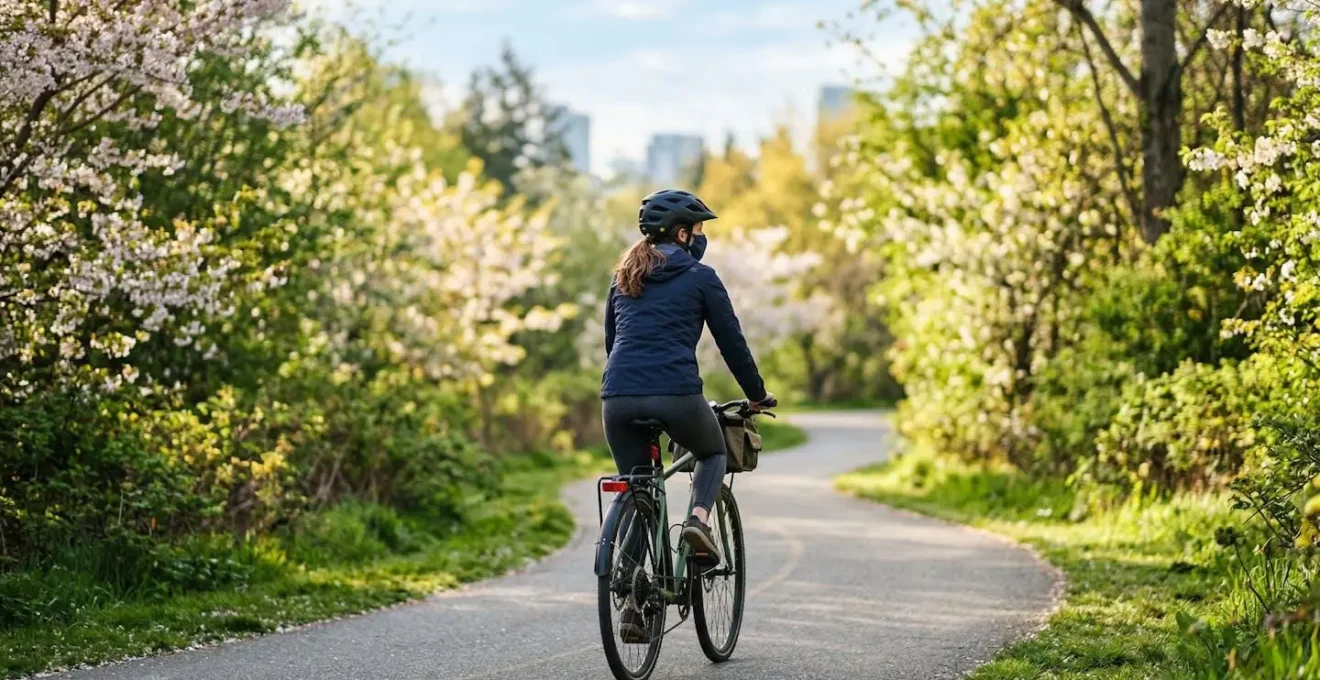 Vue de dos d'un cycliste portant un masque de protection sur une piste cyclable urbaine entourée de verdure au printemps