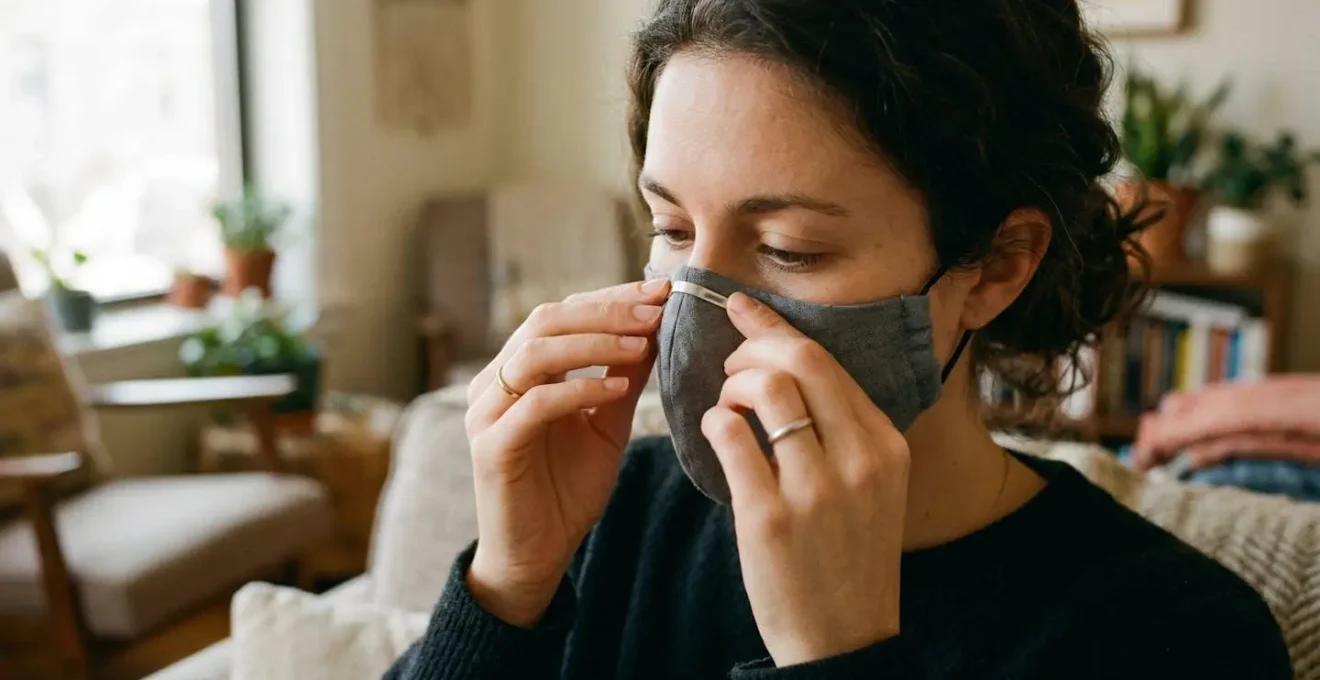 Gros plan sur des mains féminines modelant la barrette nasale métallique d'un masque de protection contre la lumière douce d'une fenêtre