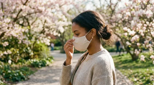 Une personne de profil ajuste délicatement la barrette nasale de son masque blanc dans un parc ensoleillé avec des arbres en fleurs floutés en arrière-plan
