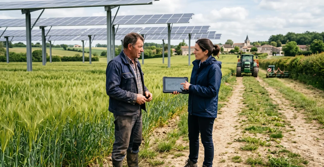 Agriculteur et spécialiste étudiant un projet agrivoltaïque devant une parcelle équipée de panneaux solaires