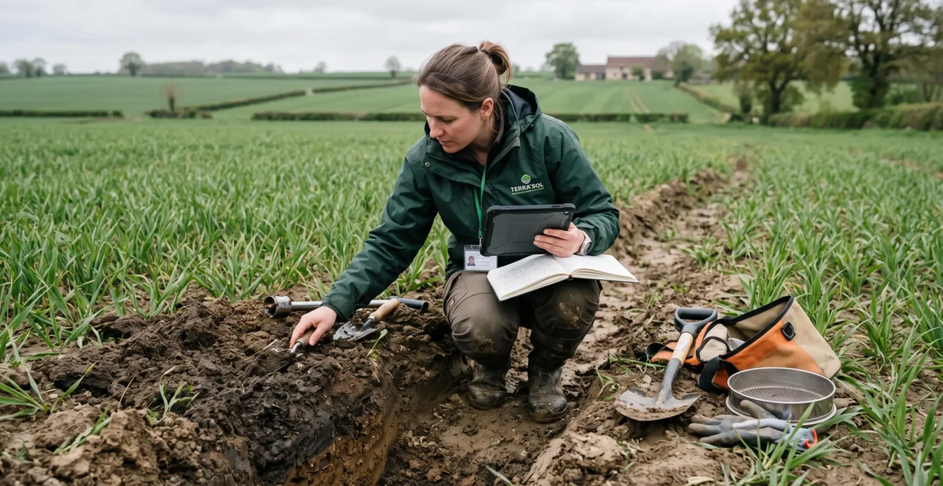 Technicien réalisant une observation de sol sur une parcelle destinée à un projet agrivoltaïque